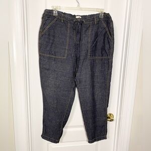 Eileen Fisher LINEN Drawstring Waist Cropped Pants Gold Stitching Navy Large